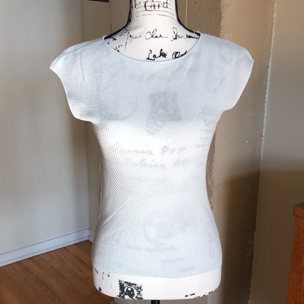 Ann Taylor Factory Petite Fitted Cap Sleeve Sheer Knit Blouse Top